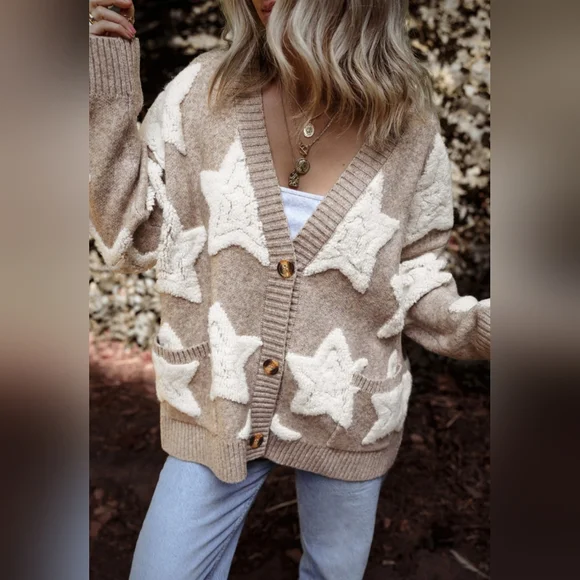 Khaki Sherpa Star Pattern Textured Sweater Cardigan with Pockets - Picture 3 of 16